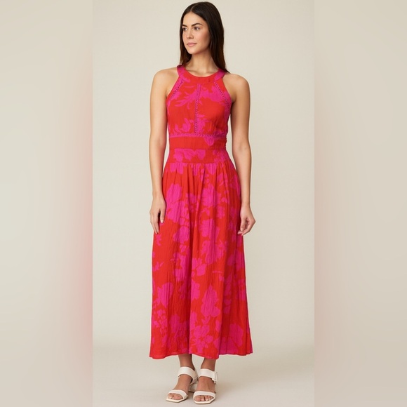 Petal & Pup Dress 6 Small Red Pink Floral Maxi Boho Halter Tie Back Romantic - Picture 1 of 7